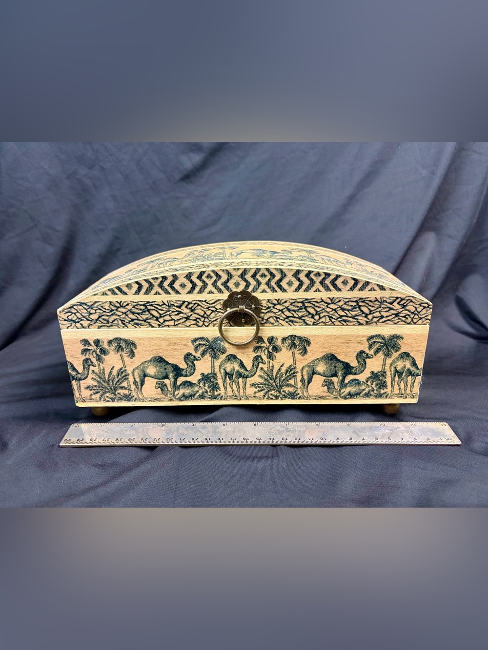 Vintage Style Camel Desert Wood Trinket Jewelry Box Blue Cream Boho Decor